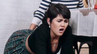 Petite tranny rides mans dick during family dinner