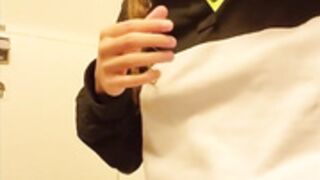 Dripping pussy juices on an airplane bathroom