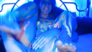 Audrey_ Anal Dildo +Hitachi Neon Painted Cumshow on Bed