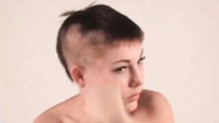 sexy nude pixie haired Brunette shaves smooth bald