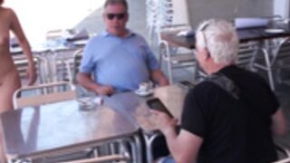 Happy nudist goes to lunch