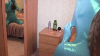 blue latex contortion girl