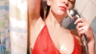 Masturbating sex under shower in wet silk bathrobe