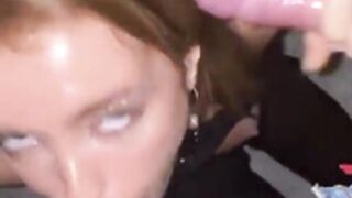 Slut sucks two dicks in public