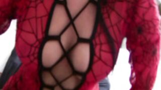 Chloe James in red spider suit gives a hot lapdance