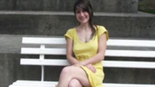 young woman with big breasts walks naked among the peop