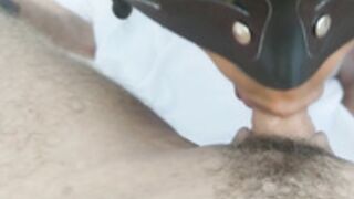 Masked Ebony Swallowing Giant Clit