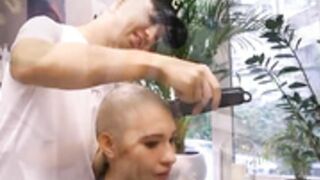 sexy model cries as shaved smooth bald