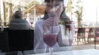 Naughty Lada walk in the city wearing see trough dress