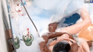 Masha and her black guest guy have hot kissing in jacuz