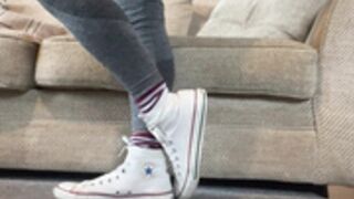 gymgirlfeet spit on feet 2 - red socks, grey leggings