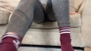 gymgirlfeet spit on feet 2 - red socks, grey leggings