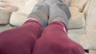 gymgirlfeet spit on feet 2 - red socks, grey leggings