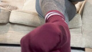 gymgirlfeet spit on feet 2 - red socks, grey leggings