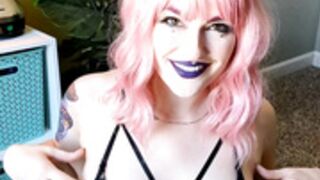 Pink hair Howard sucking on dildo