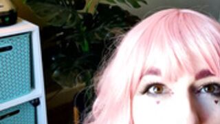 Pink hair Howard sucking on dildo