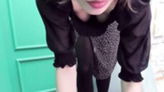 Extremely Shy Librarian Style Brunette in TIghts