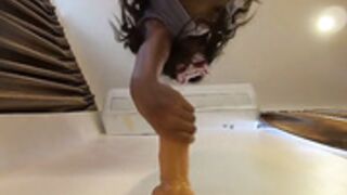 Masked Asian fucking dildo