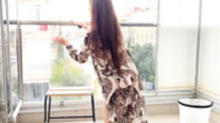 Girl clean window_ Transparent See thought leopard dres