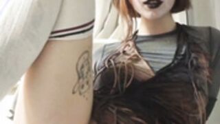 Cute gothic girl gapes her asshole with a giant dildo.
