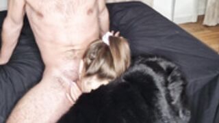 blowjob with black fur coat