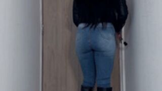 Wet leather and jeans peeing