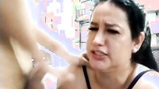 Busty Latina keilymadam sucking in public