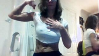 Sweaty yoga milf flexing biceps and armpits