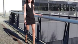 Sexy Polish slut in black dress and shiny tan pantyhose
