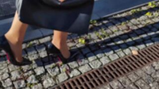 Sexy Polish slut in black dress and shiny tan pantyhose