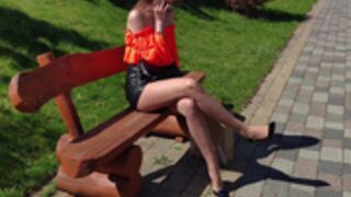 Sexy Polish slut in leather miniskirt & shiny pantyhose