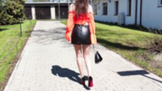 Sexy Polish slut in leather miniskirt & shiny pantyhose