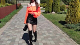 Sexy Polish slut in leather miniskirt & shiny pantyhose