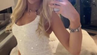 Sexy Polish blonde in white dress and shiny nude nylons