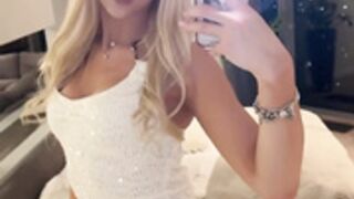 Sexy Polish blonde in white dress and shiny nude nylons