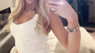 Sexy Polish blonde in white dress and shiny nude nylons