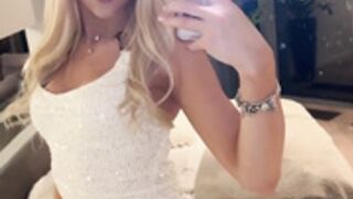 Sexy Polish blonde in white dress and shiny nude nylons