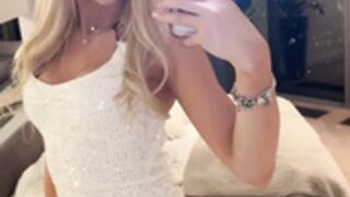 Sexy Polish blonde in white dress and shiny nude nylons