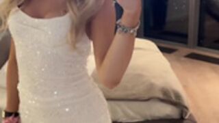 Sexy Polish blonde in white dress and silky nude nylons