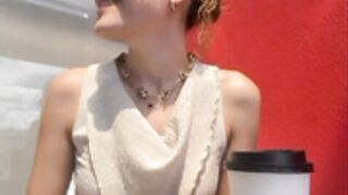 Alana15 top less squirt in starbucks
