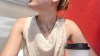 Alana15 top less squirt in starbucks