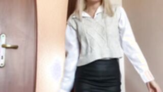 Sexy Polish slut in miniskirt and shiny nude pantyhose 11