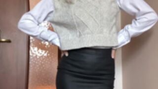 Sexy Polish slut in miniskirt and shiny nude pantyhose 12