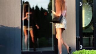 Sexy Polish brunette teasing in shiny tan pantyhose 6