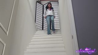 Pretty Girl Strips and Plays on Stairs