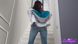 Pretty Girl Strips and Plays on Stairs
