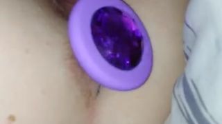 Kitten Pleasures herself w/LARGE Purple Gem Butt-plug!