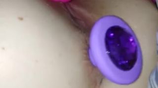 Kitten Pleasures herself w/LARGE Purple Gem Butt-plug!