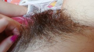 Playing with my Thick Hairy Bush Big Clit Pussy Close up