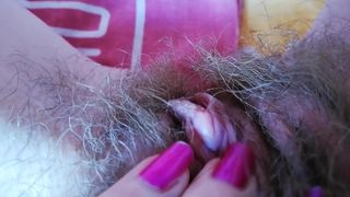 Playing with my Thick Hairy Bush Big Clit Pussy Close up